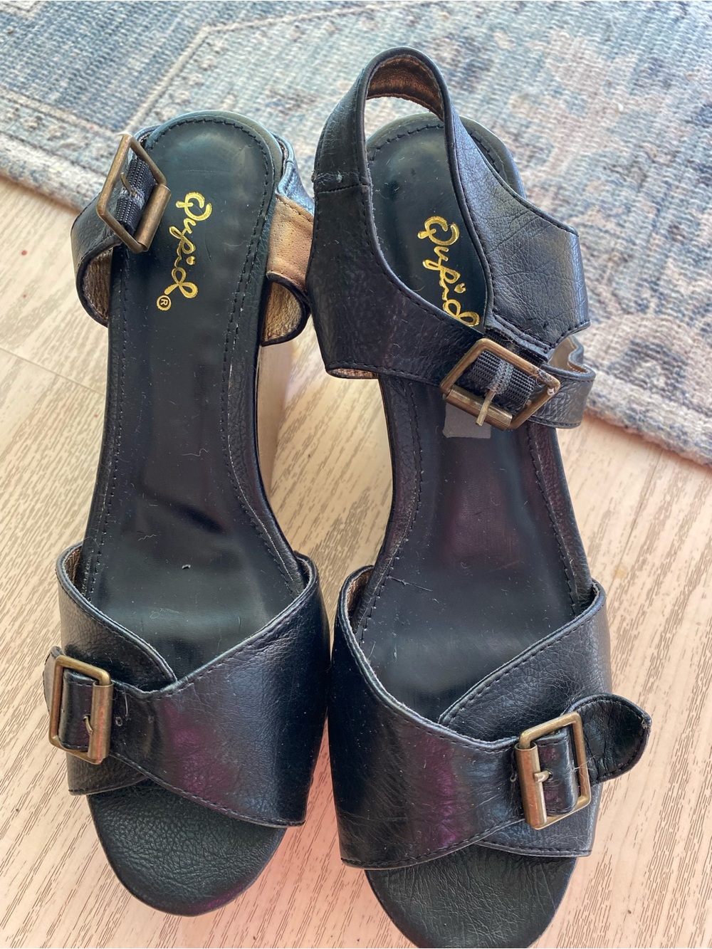 Qupid Black Buckle Slingback Heeled Sandals